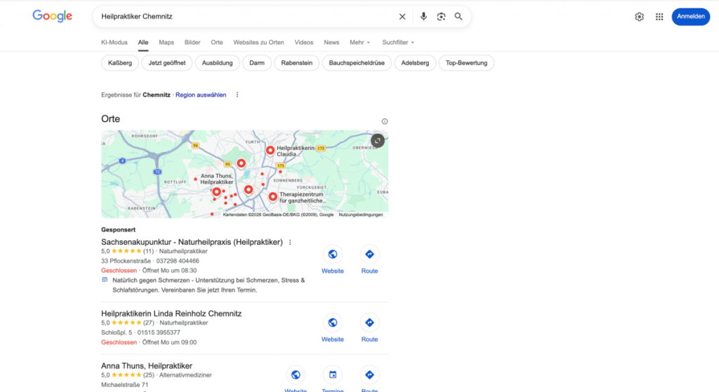 Lokale Google-Suche nach Heilpraktiker Chemnitz mit Local-Pack und Karten-Ergebnissen