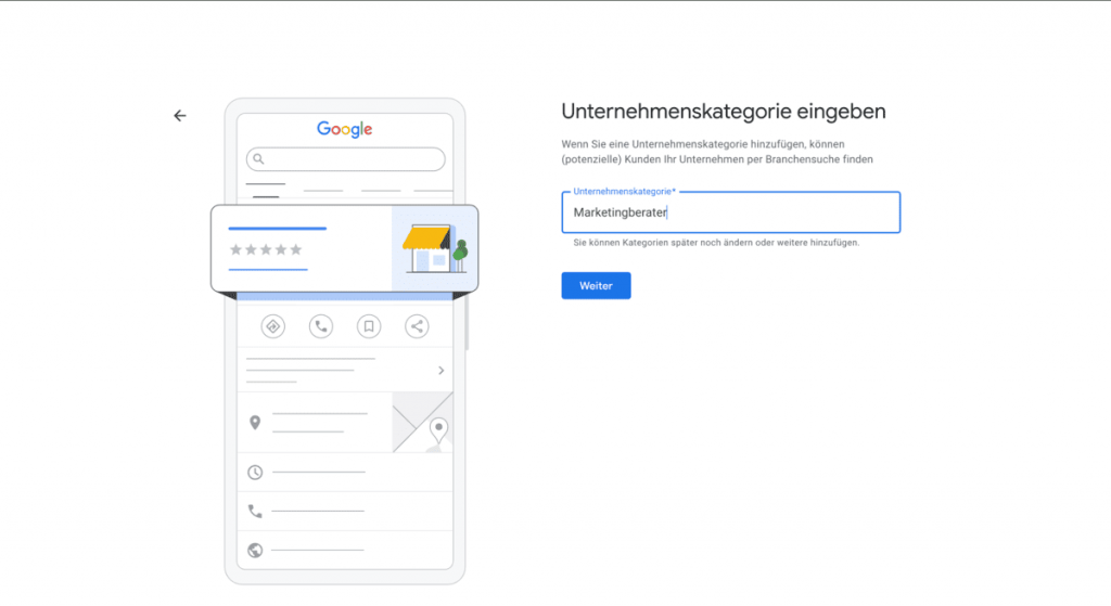Google Business Profil einrichten: Firmenname und Hauptkategorie im Einrichtungs-Assistenten eintragen