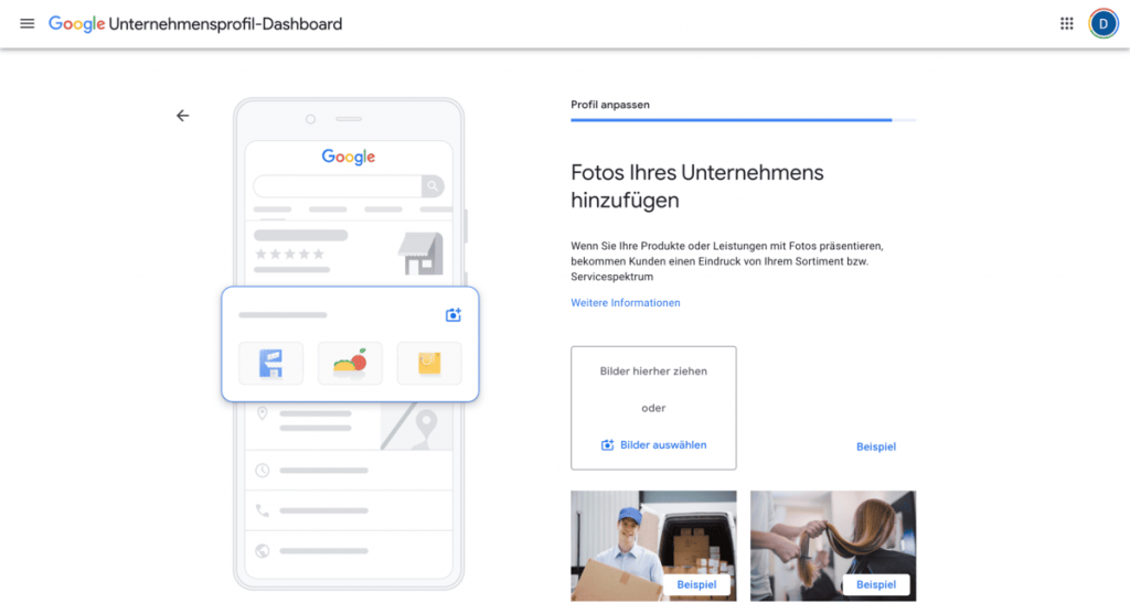 Fotos im Google Business Profil hochladen: Upload-Maske mit Beispielbildern für lokale Unternehmen