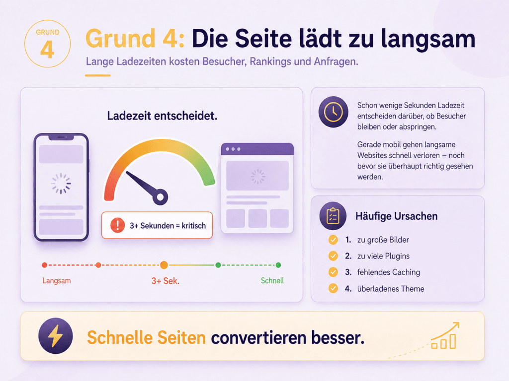 Infografik zur Ladezeit einer Website mit Geschwindigkeitsanzeige und typischen Ursachen für langsame Seiten.