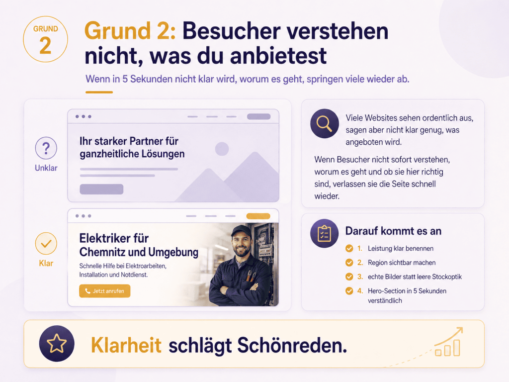 Infografik mit Vergleich zwischen unklarer und klarer Hero-Section auf einer Website.