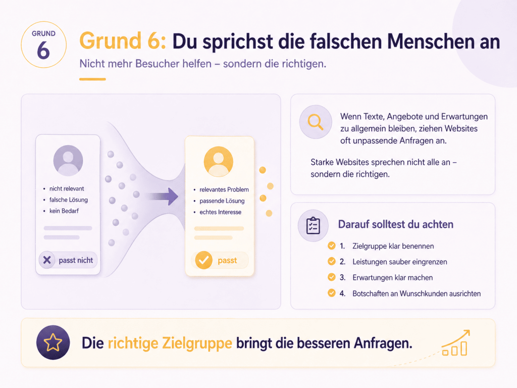 Infografik zur Zielgruppenansprache auf Websites mit Vergleich zwischen unpassender und passender Zielgruppe.
