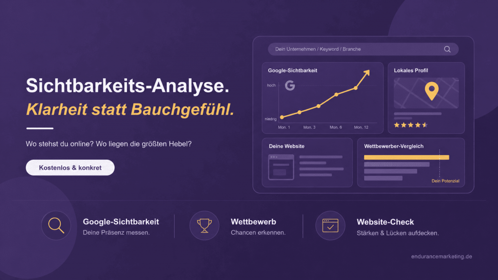 Grafik zur Sichtbarkeits-Analyse mit Überblick über Google-Sichtbarkeit, lokales Profil, Website-Check und Wettbewerbsvergleich.